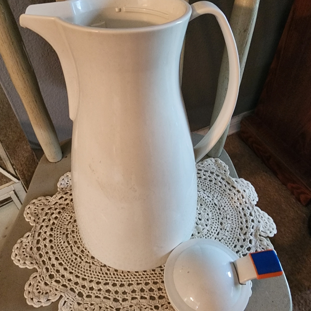 Pampered Chef White Pitcher with Blue and Orange Accents